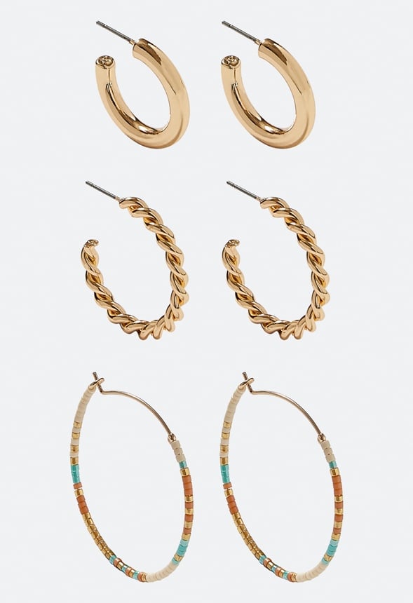 3-Pairs Pack Iara Mix Hoop Earrings With Glass Beads Cream/ Blue Mix/ Gold