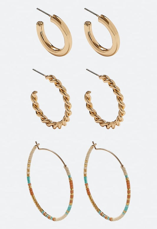 3-Pairs Pack Iara Mix Hoop Earrings With Glass Beads Cream/ Blue Mix/ Gold