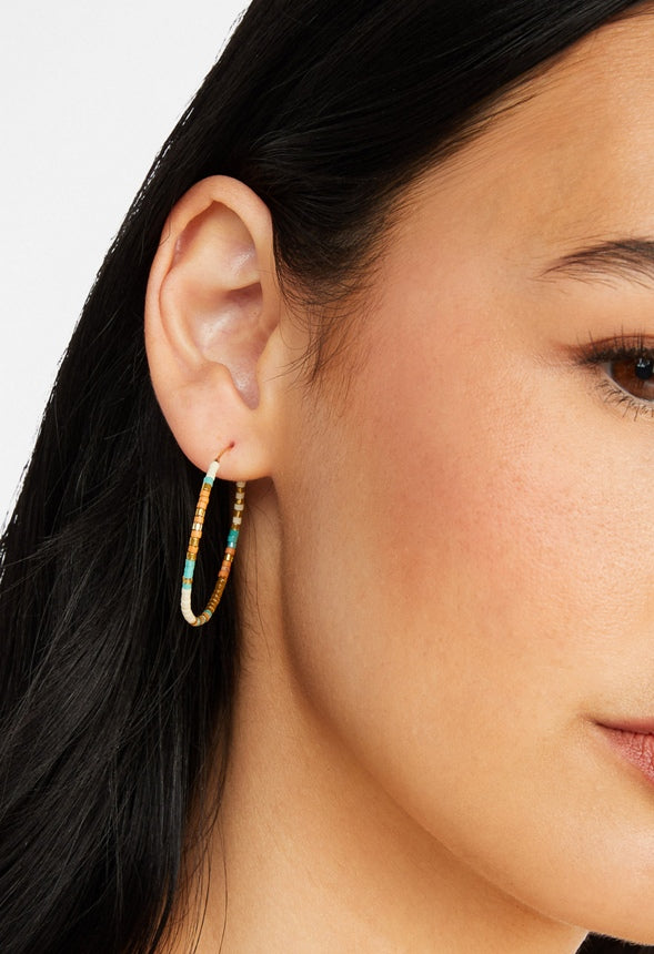 3-Pairs Pack Iara Mix Hoop Earrings With Glass Beads Cream/ Blue Mix/ Gold