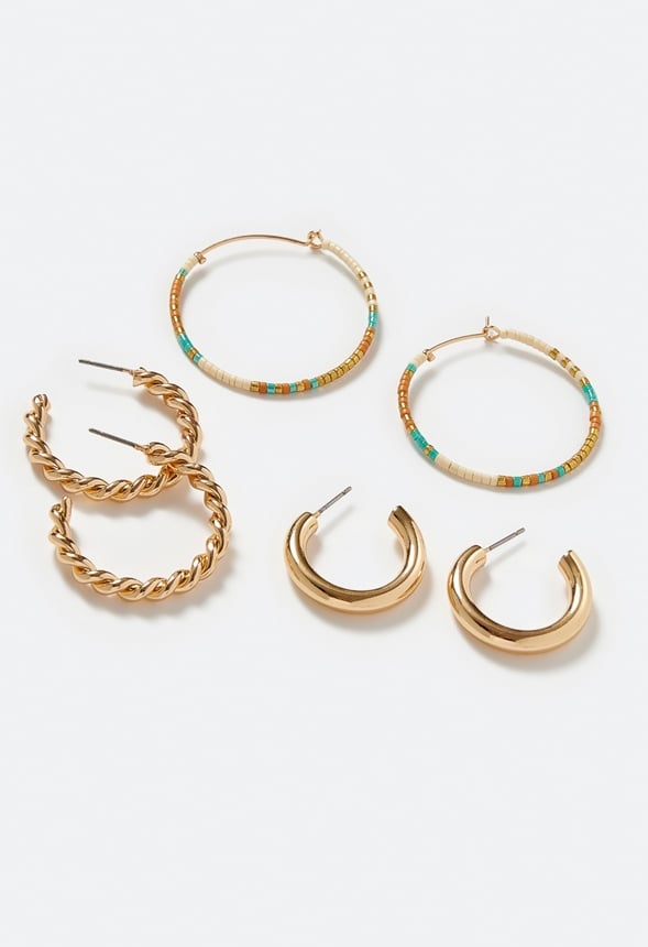 3-Pairs Pack Iara Mix Hoop Earrings With Glass Beads Cream/ Blue Mix/ Gold