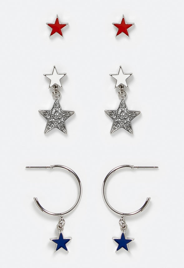 3-Pairs Pack Kenzie 4th Of July Mix Stars Earrings Red/ Blue/ Silver