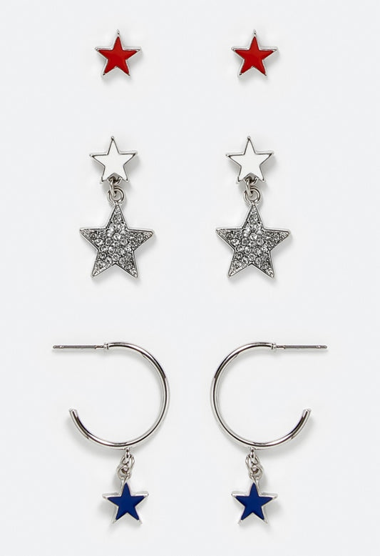 3-Pairs Pack Kenzie 4th Of July Mix Stars Earrings Red/ Blue/ Silver