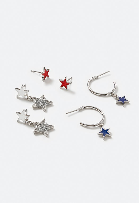 3-Pairs Pack Kenzie 4th Of July Mix Stars Earrings Red/ Blue/ Silver