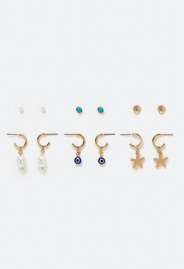 6-Pairs Pack Fay Mix Shell And Evil Eye Earrings Cream/ Turquoise/ Gold