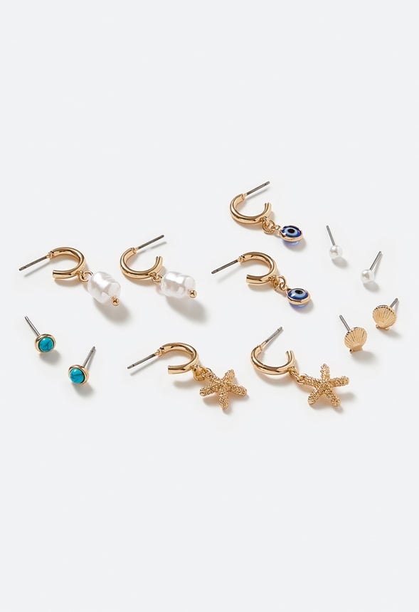 6-Pairs Pack Fay Mix Shell And Evil Eye Earrings Cream/ Turquoise/ Gold