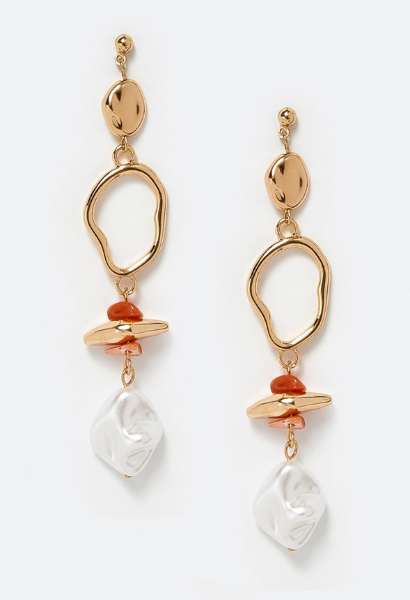 Eva Pearls And Chippings Drop Earrings Cream/ Coral/ Gold