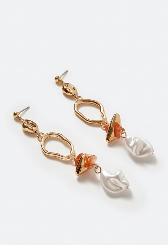 Eva Pearls And Chippings Drop Earrings Cream/ Coral/ Gold