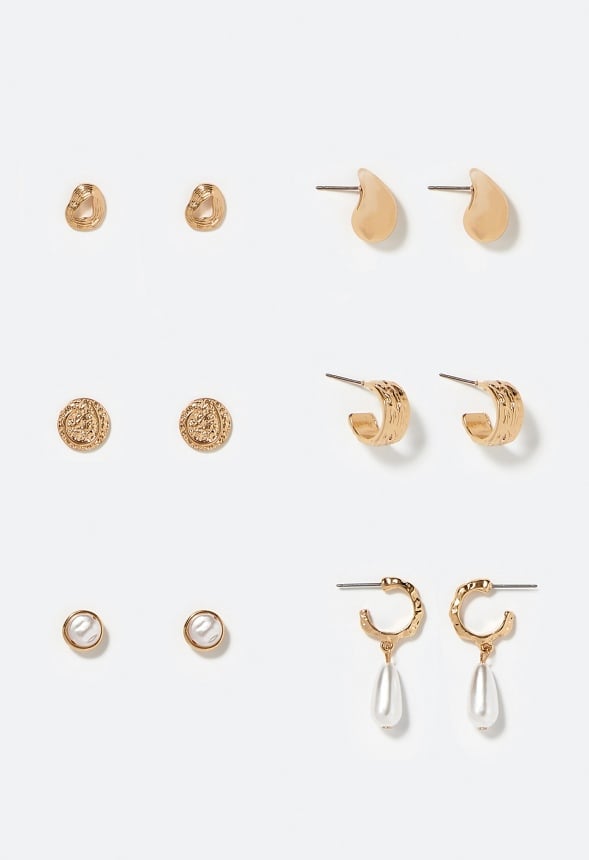 6-Pair Gia Mixed Stud and Hoop Earrings With Pearl Detail Cream/ Gold