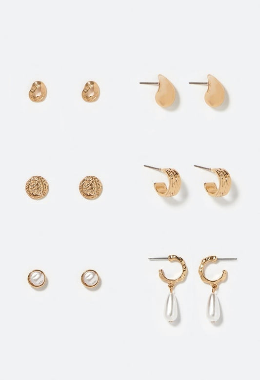 6-Pair Gia Mixed Stud and Hoop Earrings With Pearl Detail Cream/ Gold