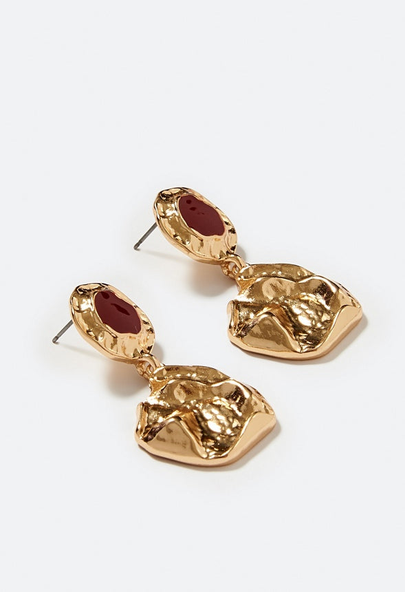 Eden Enamel Top Organic Metal Dangle Earrings Red/ Gold