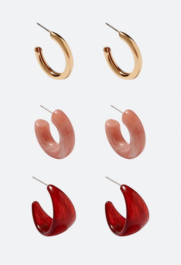 3-Pair Emme Mixed Resin And Metal Hoop Earrings Burgundy/ Pink/ Gold