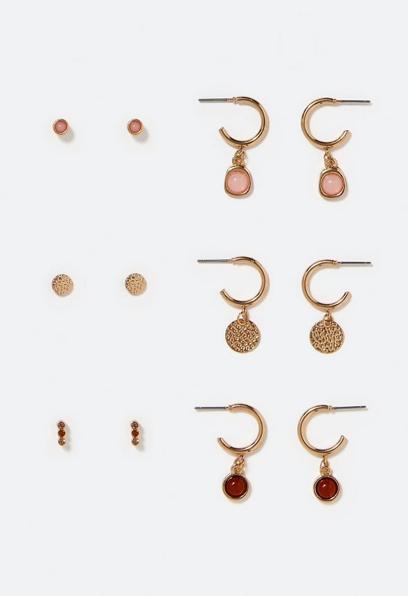 6-Pair Hana Mixed Metal Studs & Hoops With Smooth Stone Inlay  Topaz/ Pink/ Gold Mix