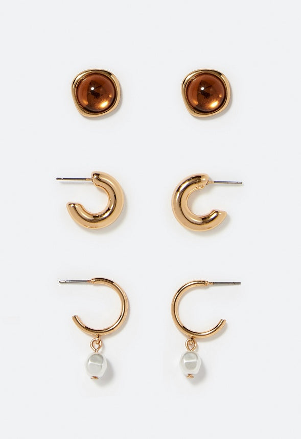 3-Pair Kira Mixed Stud & Hoops With Smooth Stone & Pearl Details Topaz/ Gold