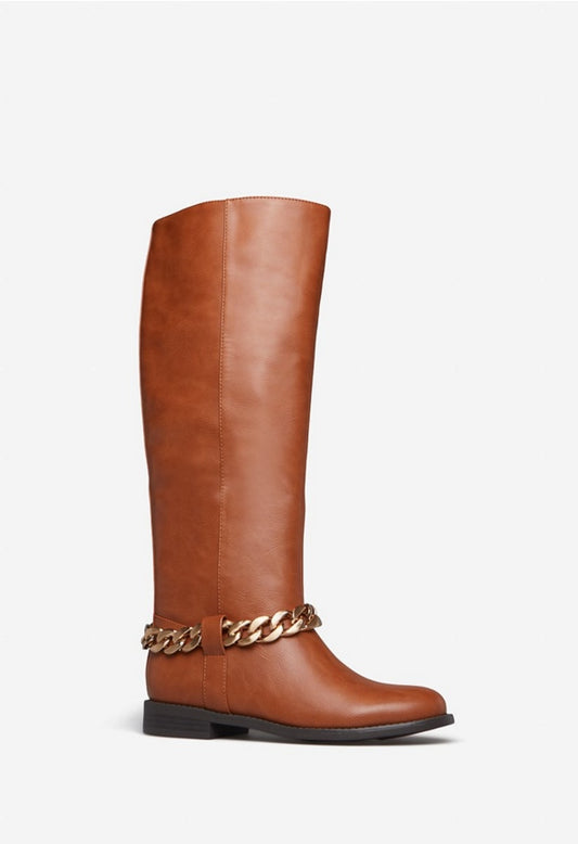 NETTIE CHAIN EMBELLISHED FLAT BOOT Leather Brown