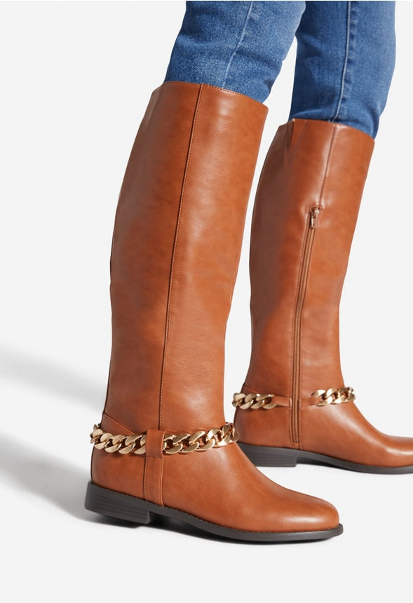 NETTIE CHAIN EMBELLISHED FLAT BOOT Leather Brown
