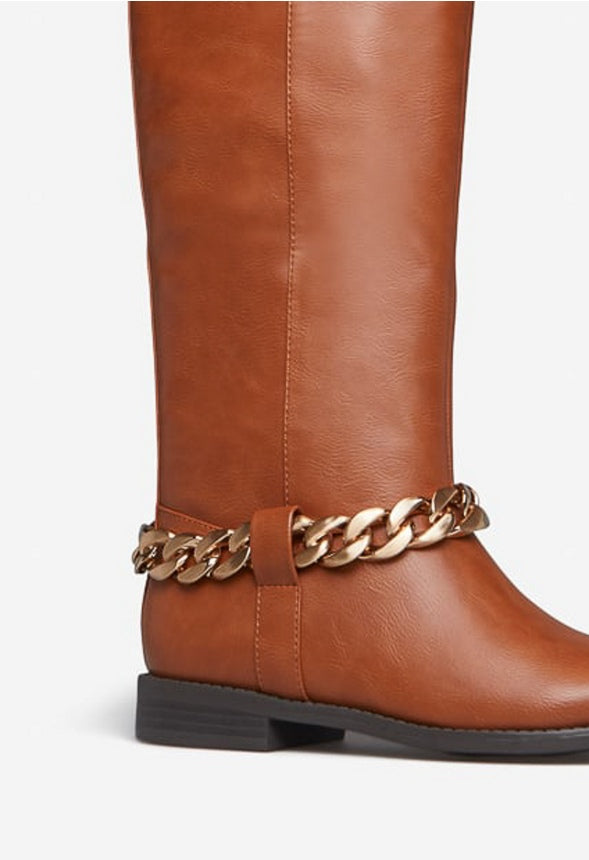 NETTIE CHAIN EMBELLISHED FLAT BOOT Leather Brown