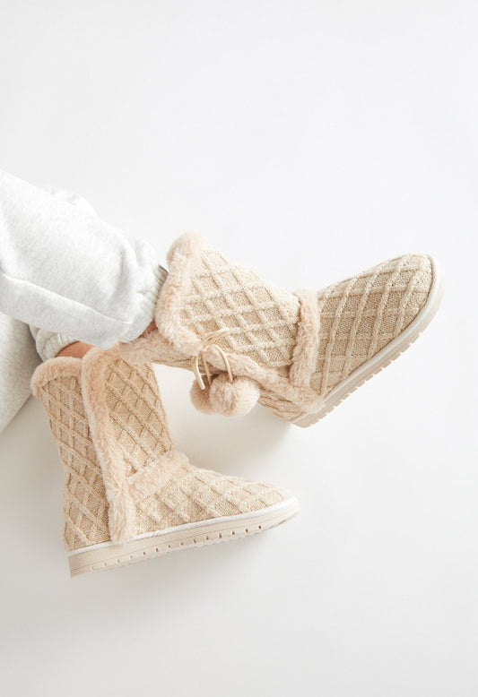 Idina Knit Pom Fuzzie Oatmeal