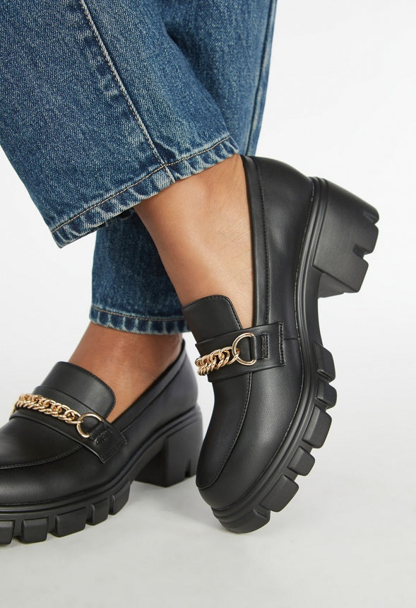 Leli Chain Detail Lug Sole Loafer Black Caviar