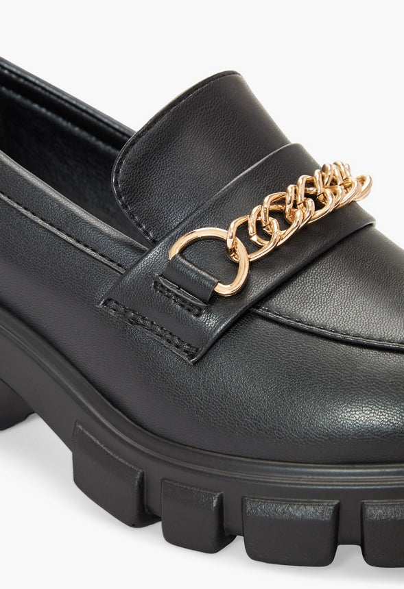 Leli Chain Detail Lug Sole Loafer Black Caviar