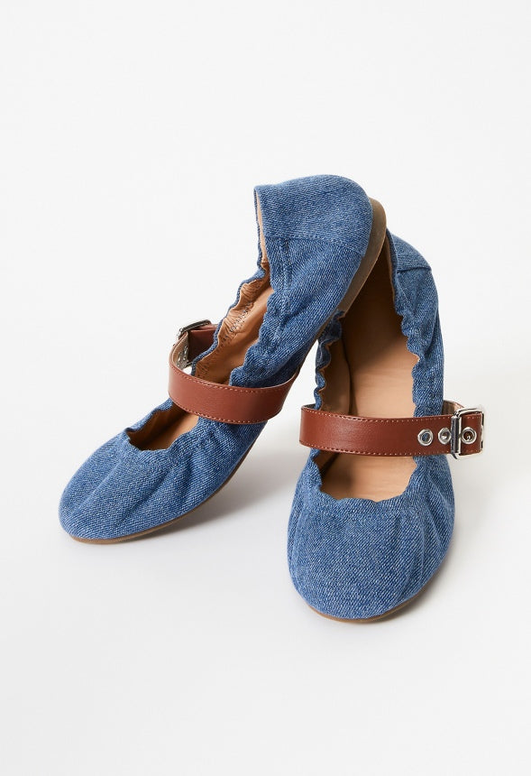 Mirie Ballet Flat Denim/ Leather Brown