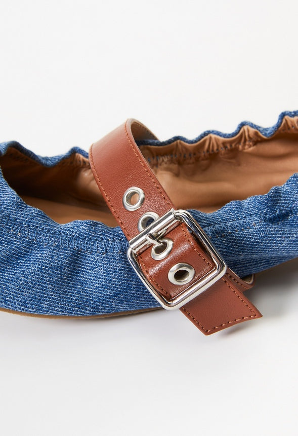 Mirie Ballet Flat Denim/ Leather Brown
