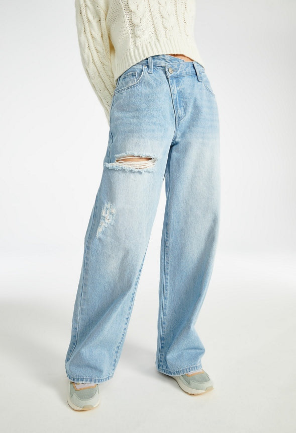 Peyton Crossover Mid Rise Wide Leg Jeans Cove