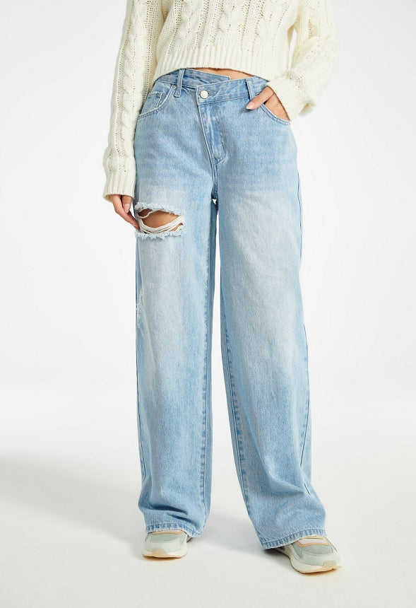 Peyton Crossover Mid Rise Wide Leg Jeans Cove