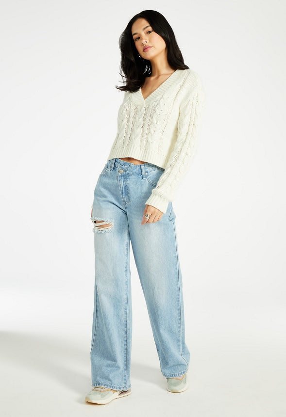 Peyton Crossover Mid Rise Wide Leg Jeans Cove