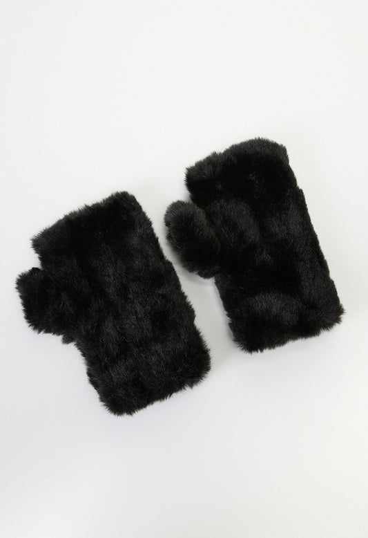 Faux Fur Fingerless Mittens Black
