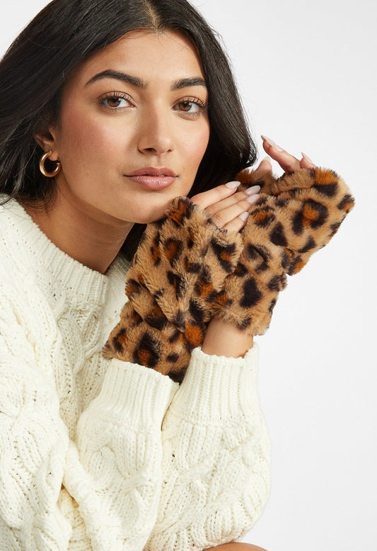 Faux Fur Fingerless Mittens Leopard