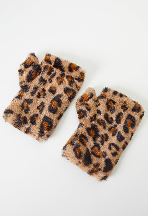 Faux Fur Fingerless Mittens Leopard