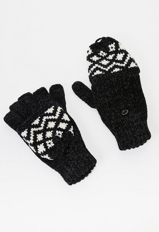 Fair Isle Fold Over Mitten Black/Multi