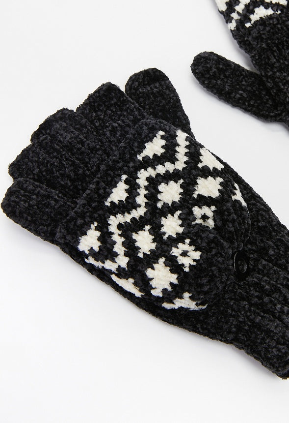 Fair Isle Fold Over Mitten Black/Multi