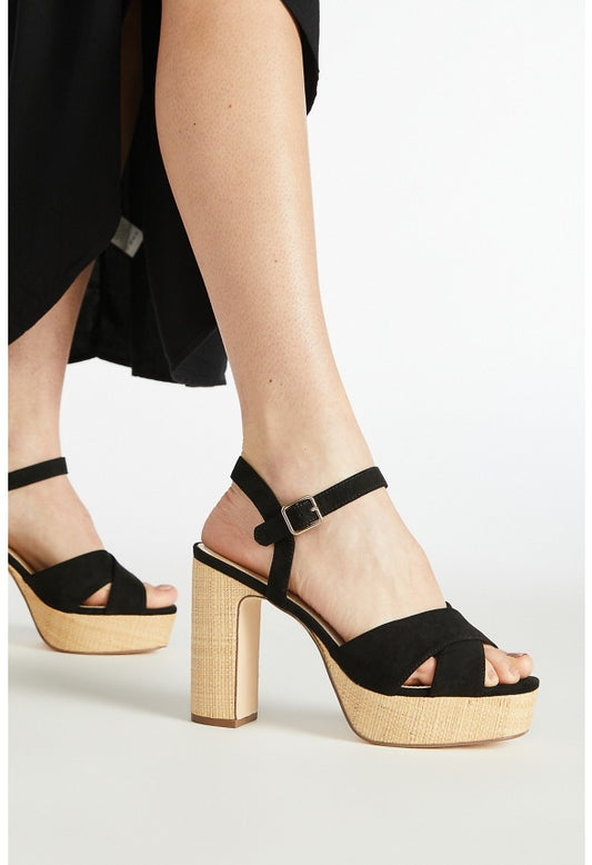 TINA CROSSOVER PLATFORM SANDAL Black/Raffia