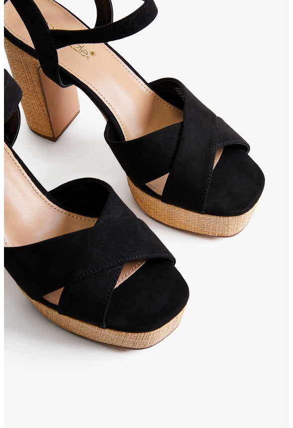 TINA CROSSOVER PLATFORM SANDAL Black/Raffia