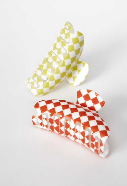 2 Pack Checkered Hair Claw Set Wild Lime/ Mandarin Orange