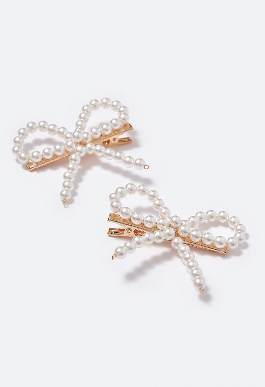 Cassidy Pearl Bow Hair Slides  Cream/Gold