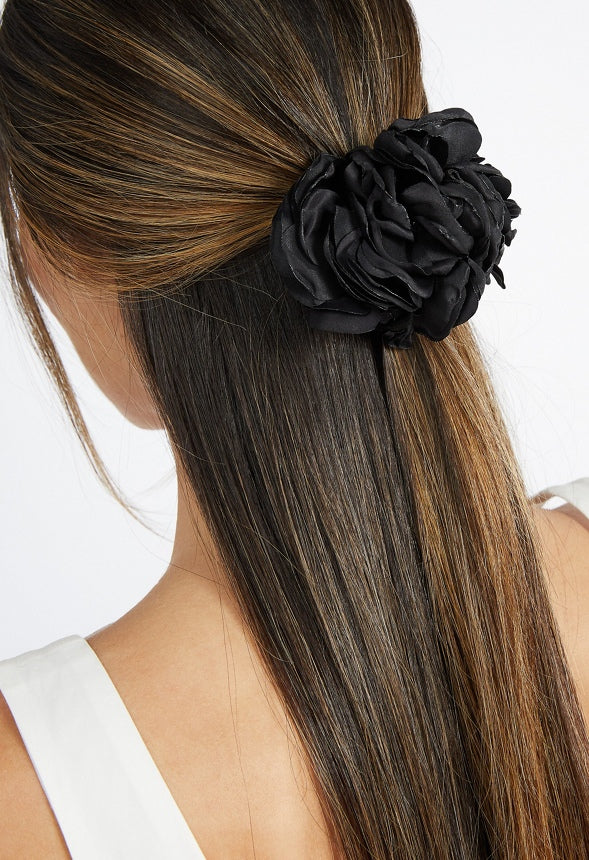 Flora Double Satin Flower Ponytail Holder Black