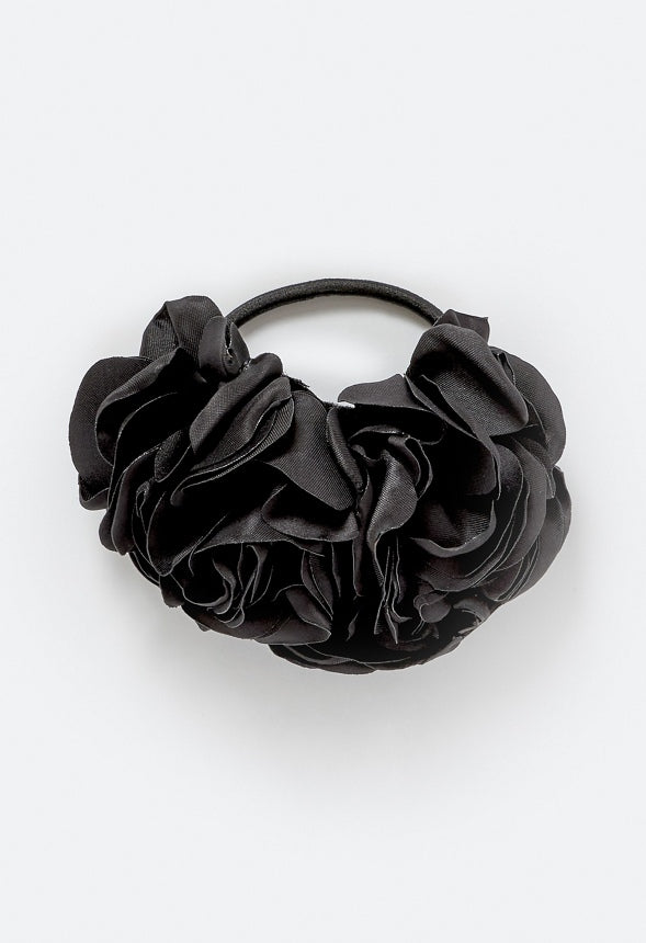 Flora Double Satin Flower Ponytail Holder Black