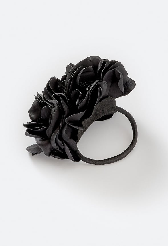 Flora Double Satin Flower Ponytail Holder Black