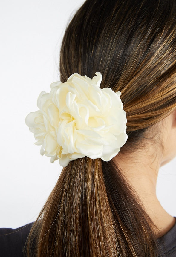 Flora Double Satin Flower Ponytail Holder Cream/ Black