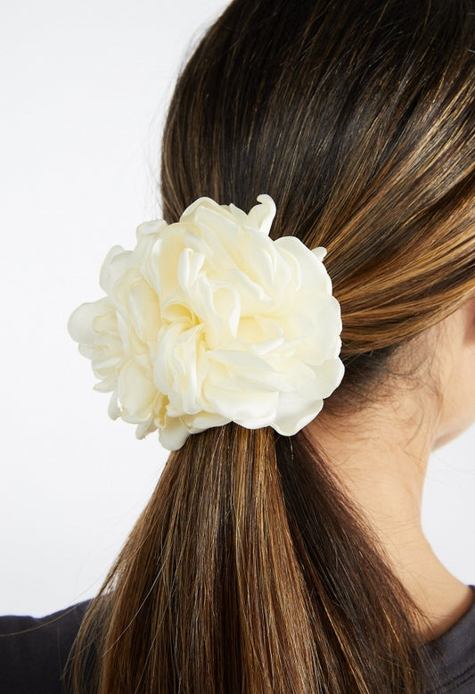 Flora Double Satin Flower Ponytail Holder Cream/ Black