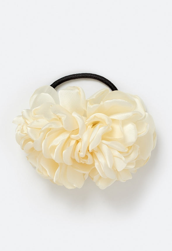 Flora Double Satin Flower Ponytail Holder Cream/ Black
