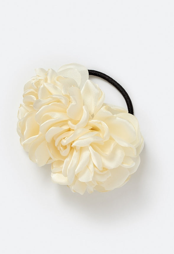 Flora Double Satin Flower Ponytail Holder Cream/ Black