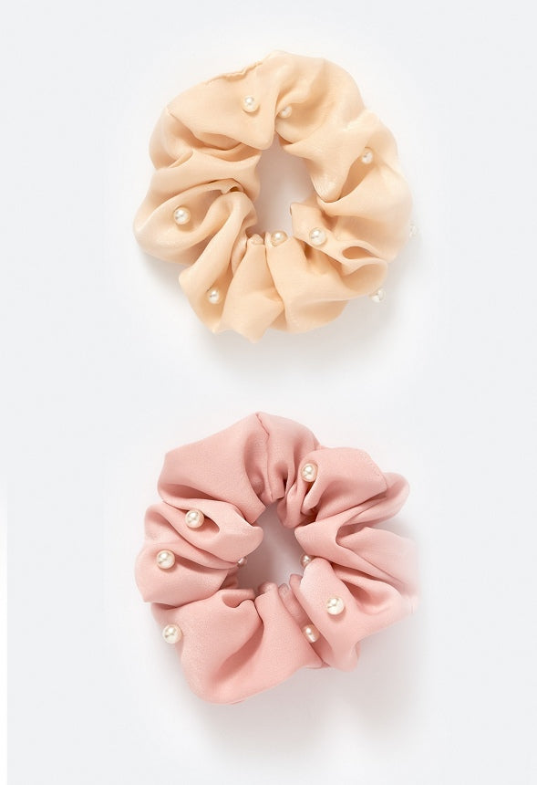 Dulce 2-Pack Satin Scrunchies With Pearl Detail Cream/ Pink