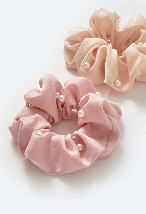 Dulce 2-Pack Satin Scrunchies With Pearl Detail Cream/ Pink