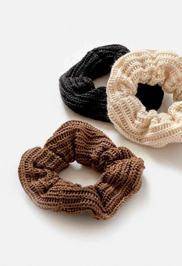 Haven 3-Pack Ribbed Fabric Scrunchies Cream/ Brown/ Black