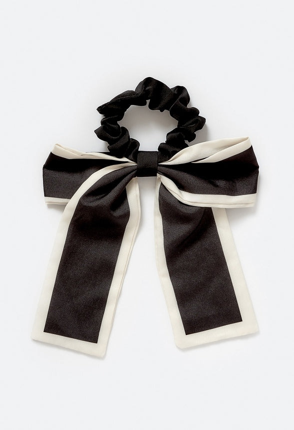 Paris Contrast Border Satin Bow Scrunchie White/ Black