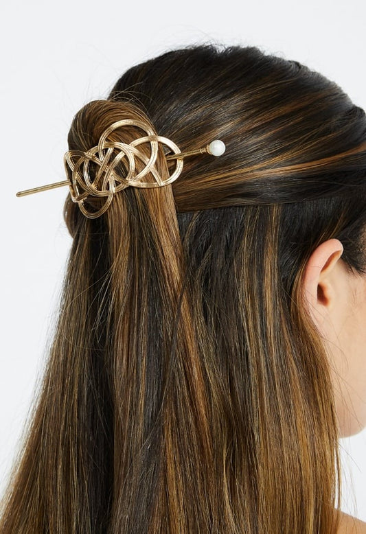 Anna Woven Ribbed Metal Hair Pin With Pearl Bead Gold