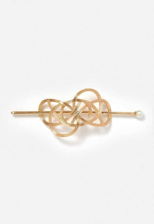 Anna Woven Ribbed Metal Hair Pin With Pearl Bead Gold